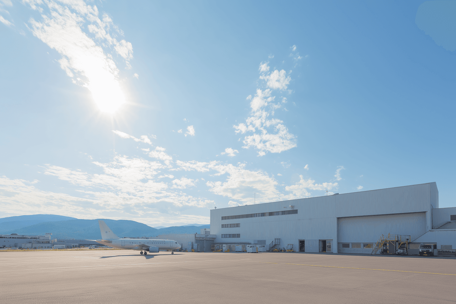 Aircraft parked beside a hangar on an airfield apron