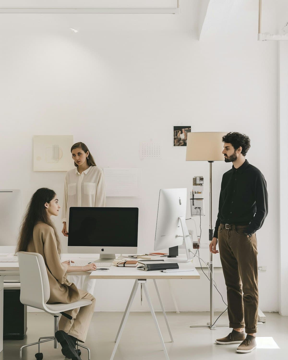 Three colleagues reviewing information together at a computer
