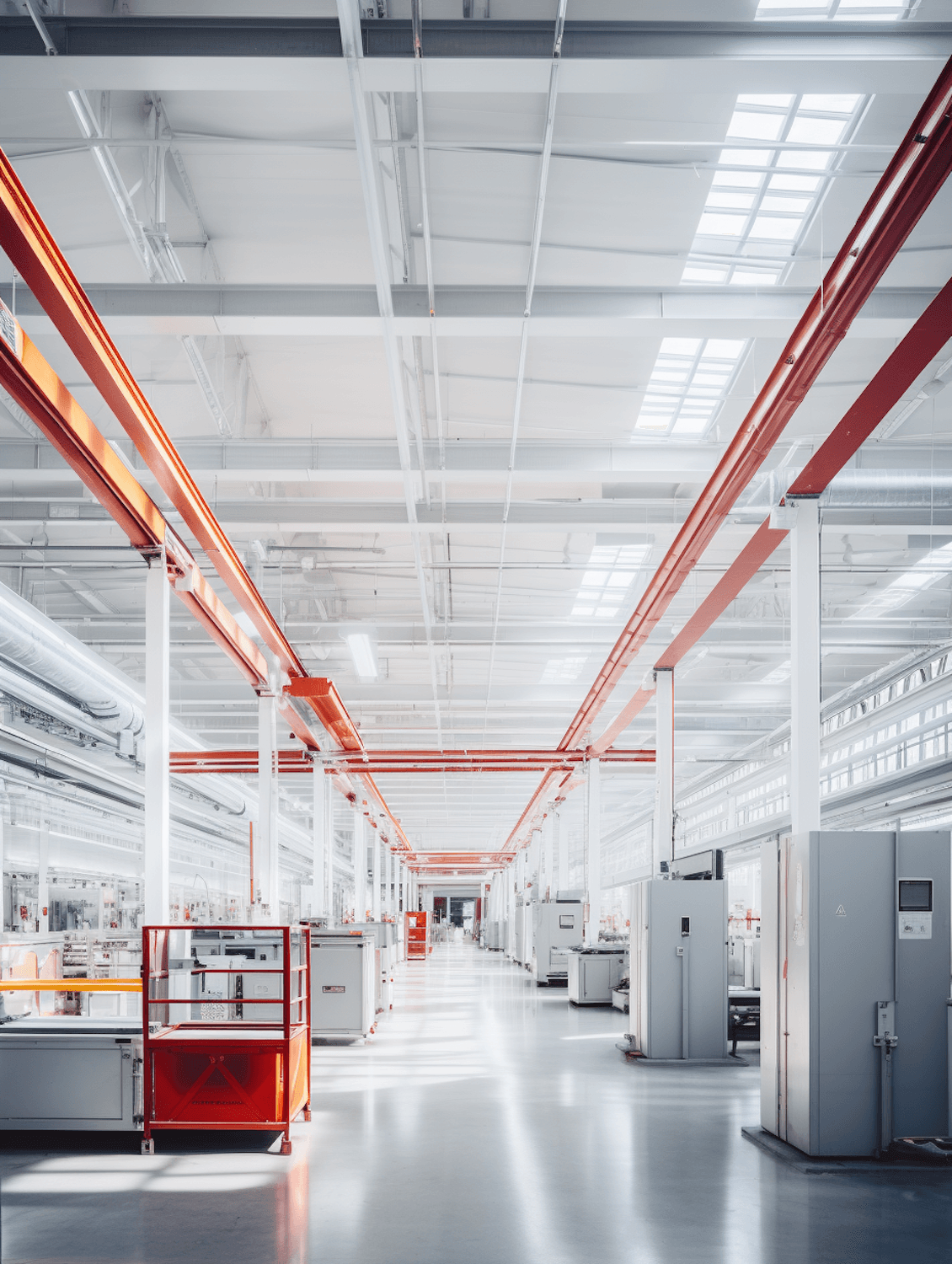 Bright modern industrial facility with exposed steel beams and skylights